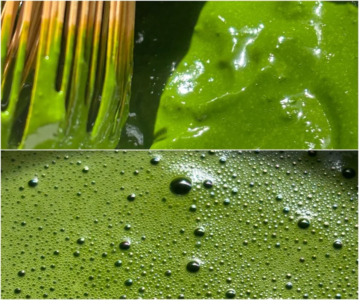 Close-up of Slow Social Club ceremonial matcha review showing thick glossy texture, vibrant green color, and creamy foam during whisking.